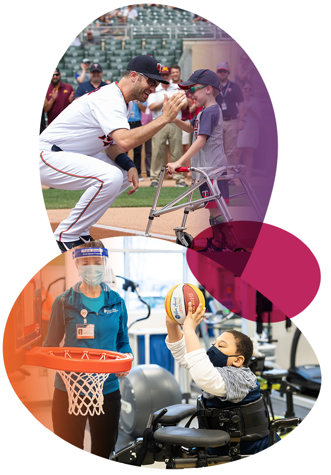 Top: Wes Jackson and Joe Mauer. Bottom: Michael Holley plays basketball with Gillette therapists